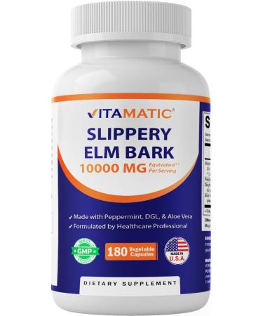 Vitamatic Slippery Elm Bark 10000 mg Equivalent Per Serving (from 20:1 Extract 500 mg) Made with Peppermint DGL & Aloe Vera - 180 Veg Capsules and Concentrated 20X Potency