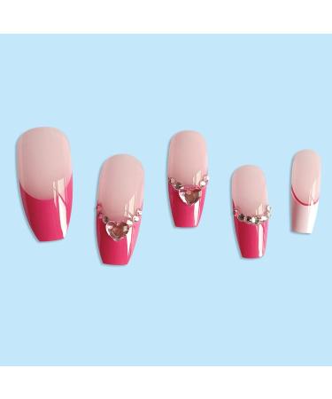 JUSTOTRY 24 Pcs Hot Pink Diamante French Press on Fake Nails - Beautiful Ballerina Stick on Nails for Women - Acrylic Coffin False Nails with Glue for Nail Art - Buy Online on GoSupps.com