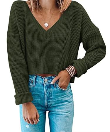 MIROL Women's Waffle Knit Cropped Top V Neck Long Sleeve Pullover Sweater Casual Solid Crop Sweatshirts Medium Armygreen