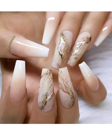 YoYoee Nude Press On Nails Coffin Long Fake Nails Acrylic Gradient False Nails Marble Full Cover Stick On Nails for Women and Girls (24 PCS) Marbling