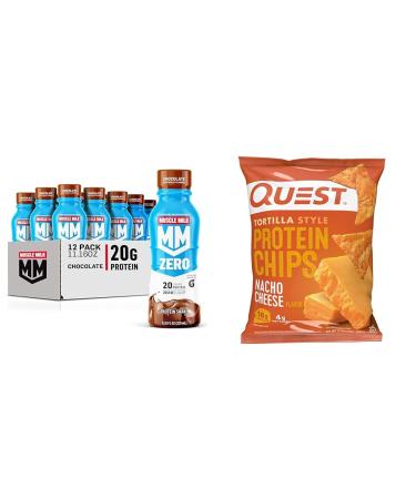Muscle Milk Zero Protein Shake Chocolate 20g Protein Pack of 12 & Quest Nacho Cheese Protein Chips Pack of 12
