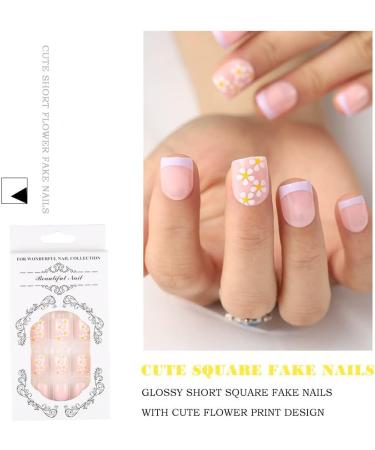 24Pcs Flower Design French Square Short Press on Nails | Pink Fake Nails with Nail Glue | Full Cover Artificial False Nails for Women and Girls - Buy Online on GoSupps.com