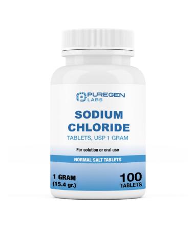 Puregen Labs Sodium Chloride Tablets 1 gm (1000 mg) USP | (15.4gr.) | 100 Count | Normal Salt Tablets | Made in USA | Electrolytes Replenisher Hydration Drink