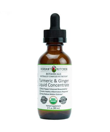 VERDANT KITCHEN Turmeric and Ginger Liquid Concentrate with Black Pepper, USDA Organic alcohol free. USA Designed and Made, whole root raw process 2 fl oz
