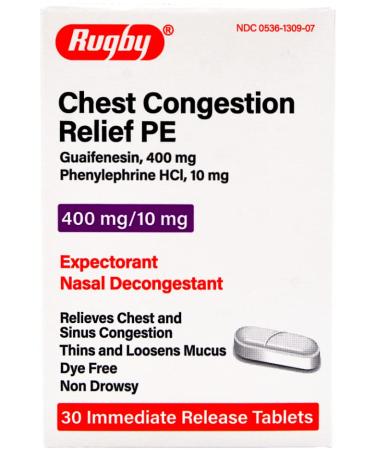 Rugby Chest Congestion Relief PE Guaifenesin 400 mg/Phenylephrine HCl 10 mg Expectorant Nasal Decongestant Relieves Chest & Sinus Congestion - 30 Immediate Release Tablets