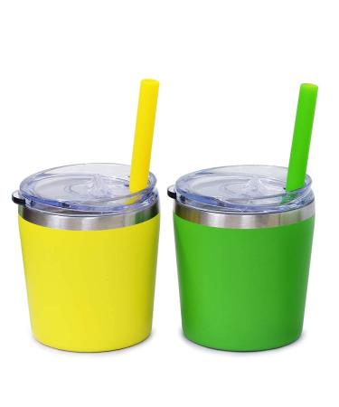 Colorful PoPo Cute Small Stainless Steel Mom and Kids Tumbler  Stackable Toddler Smoothie Cup with Lid and Silicone Straws  Set of 2 (Green Yellow  8 OZ) Green Yellow 8.0 Fluid Ounces