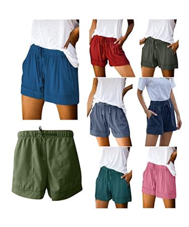 Womens Casual Shorts Drawstring Elastic Waist Ruffle Summer Shorts Comfy Pocketed Pants A1-green Large