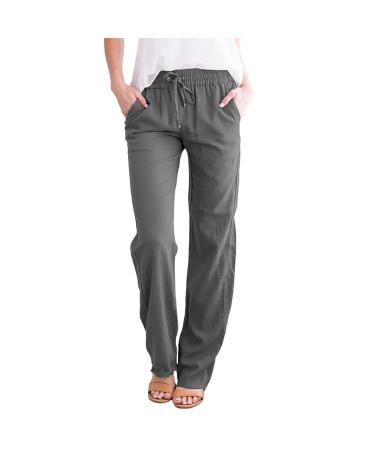 ESCBUKI Cotton Linen Pants for Women Casual Summer Solid Color Drawstring Elastic Waist Trousers Shift Comfy Fall Pants X-Large Gray Cotton Linen Pants for Women A1