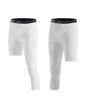 Blaward Men's Boy's Compression Pants One Leg Tights 3/4 Legging Athletic Base Layer Underwear for Basketball Running Gym White(left+right) X-Small