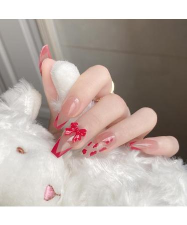 Long style Red Love V-shaped French Nail Bowknot Fake Nail Press On Nails with Nail Tips Cute Artificial Nails for Women and Gils - Buy Online on GoSupps.com