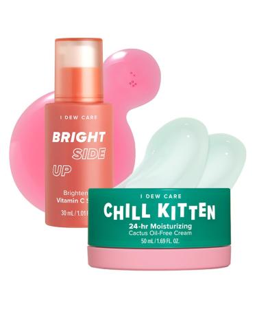 I DEW CARE Bright Side Up Brightening & Hydrating Vitamin C Serum with Niacinamide + I Dew Care Moisturizer Face Cream - Chill Kitten 1.69 Fl Oz Bundle