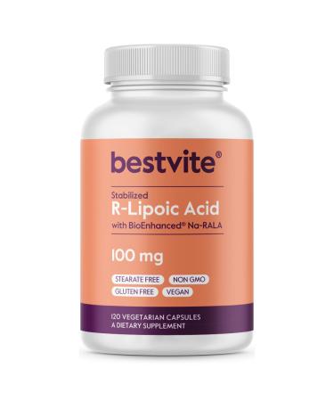 BESTVITE R-Lipoic Acid 100mg Stabilized with Bio-Enhanced Na-RLA (120 Vegetarian Capsules) No Stearates - No Flow Agents - Vegan - Non-GMO - Gluten Free 1 Count (Pack of 120)