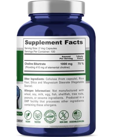 Buy NusaPure Choline Bitartrate 1000 mg - 200 Veggie Capsules | Vegetarian Non-GMO | International Shipping - Buy Online on GoSupps.com