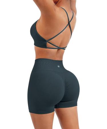 SUUKSESS Women Seamless Workout Set | High Waist Booty Shorts & Strappy Sports Bra | Deep Green | Size 2-4 - Buy Online on GoSupps.com
