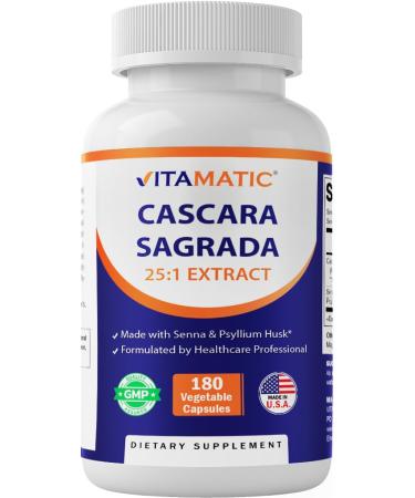 Vitamatic Cascara Sagrada Made with Senna & Psyllium Husk - 180 Veg Capsules - Concentrated 25X Potency - All Natural - Non-GMO