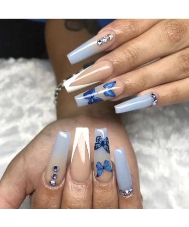 Brishow Coffin False Nails Butterfly Press on Nails French Long Fake Nails Ballerina Acrylic Stick on Nails 24pcs for Women and Girls blue 24 Piece Assortment