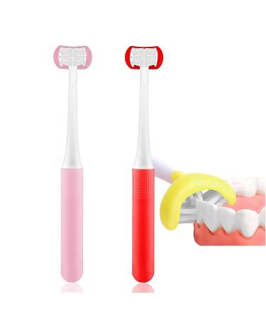 2 Pieces 3 Sided Autism Toothbrush Three Bristles for Special Needs Kids Soft Bristles Soft and Gentle for Complete Tooth and Gum Care (2 PCS Kids(Pink+red)) 2 pieces Kids (pink+red)