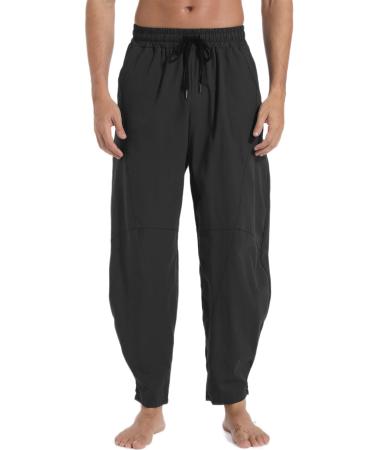 PACEIADTA Mens Cotton Linen Drawstring Pants Elastic Waist Casual Summer Beach Yoga Pants Medium Black