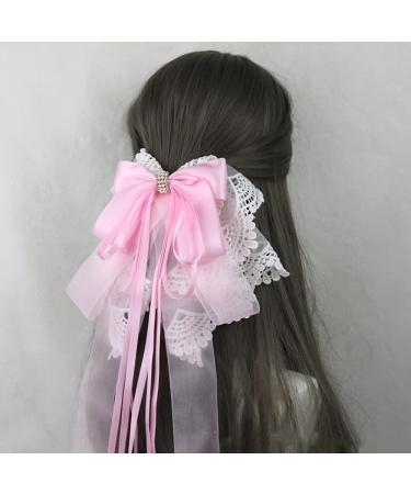 Women Handmade Ribbon Lace Big Bow Hair Clip - Pink Princess Barrette - Buy Online on GoSupps.com