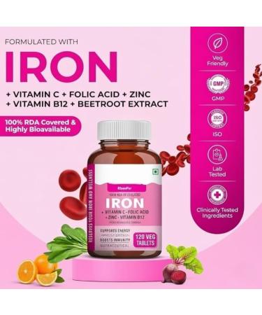 Chelated Iron + Vitamin C Tablets - 120 Veg Tablets with Vitamin B12 Zinc Folic Acid Beetroot Extract - High Absorption Energy & Immunity 100% RDA - Buy Online on GoSupps.com