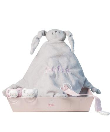 Birth gift for a newborn with two personalizable Schnullern a personalizable Doudou with the name of the baby and a pacifier clip.(0/6 Monten) Rosa
