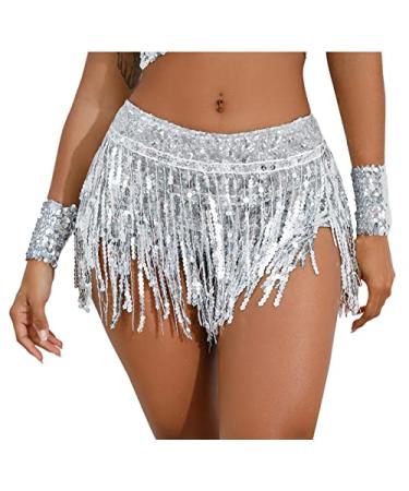 FEOYA Womens Sequins Tassel Skirts Shorts Festival Dance Sparkly Fringe Skirts Bottoms Silver2 X-Large