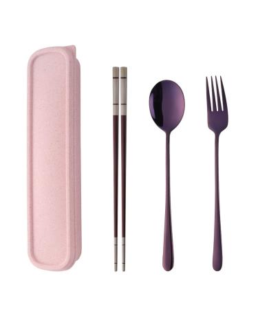 Do Buy Stainless Steel Fork Spoon Chopsticks with a Durable Case for Home Outdoor Camping Traveling Hiking, Purple