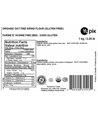 Yupik Organic Oat Flour Gluten-Free 1 kg Non-GMO Vegan Kosher Finely Ground Whole Grain Oats Salt-Free Oil-Free Fine Meal Good Source of Fiber Ideal for Baking & Cooking 1 kg (Pack of 1) - Buy Online on GoSupps.com