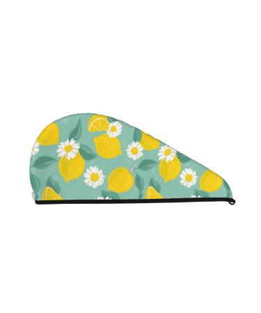 Hair Towel Wrap Hair Drying Towel with Button Towel Turban Head Towel to Dry Hair Quickly (Lemons Chamomile Flowers and Leaves)