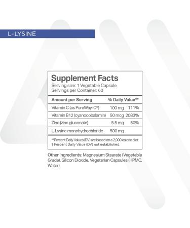 L-Lysine Supplement with Vitamin B12 C & Zinc - Oral Health Support Non-GMO Gluten-Free - 60 Veg Capsules - Made in USA - Buy Online on GoSupps.com