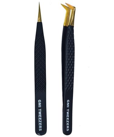 2pcs Black Straight and L-Shaped (Boot) Gold Pointed Eyelash Tweezers for Lash Extension - Stainless Steel Precision Tweezers for Volume and Classic Lashes - False Eyelash Extension Kit.