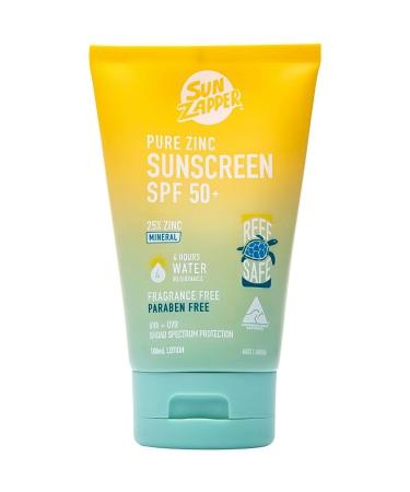 Sun Zapper Pure 25% Zinc Mineral SPF 50+ Sunscreen 3.38 Oz  100mL Reef Safe  Vegan  Water Resistant  Fragrance Free  Broad Spectrum Sun Block  Made in Australia