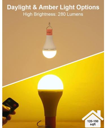 FLYHOOM Rechargeable Emergency Light Bulb with Remote - Portable LED Camping Light Bulb for Camping, Hiking, Car - 5 Modes, 280LM, 6-18h Battery Life - White & Yellow Light, 2 Pack - Buy Online on GoSupps.com