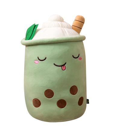 Hpory Bubble Tea Plush Pillow Boba Plushie Plush Pillow Cute Milk Tea Cup Plushie Bubble Tea Soft Toy with Strawberries Bubble Tea Cup Plush Toy Soft Stuffed Throw Pillow for Kids Green 35cm