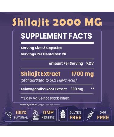 2000mg Organic Shilajit Supplement - 100% Pure Resin Capsules with 85+ Minerals & 60% Fulvic Acid - Boost Energy & Immunity - Vegetarian - Natural - 60 Count - Buy Online on GoSupps.com