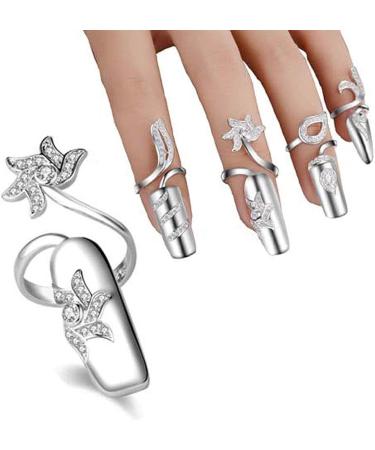 4 PCS Rhinestone Finger Tip Nail Rings - Adjustable Opening Nail Art Charms in Silver Women's Fashion - Buy Online on GoSupps.com