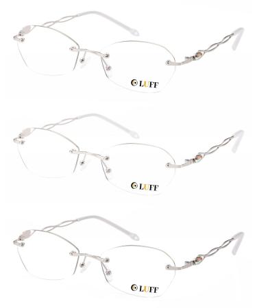 Luff frameless reading glasses for women and gentlemen fashionless borderless metal reading aid blue light blocking computer reader anti-eye load 3.0x 3PC silver