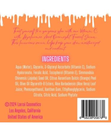 Larrai Cosmetics | Overnight Facial Serum Treatment infused with Vitamin C and Hyaluronic Acid - Hydrating & Brightening | 2 fl oz - Buy Online on GoSupps.com