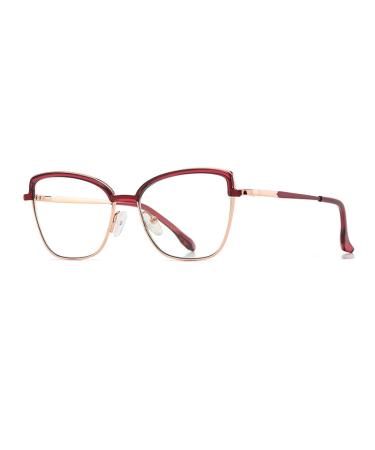 SERONI Tr90 Metal Cat Eye Frame Blue Light Blocking Glasses for Women Men Anti UV Ray Computer Reading Glasses for Women Men Purple-red-glod 53 Millimeters
