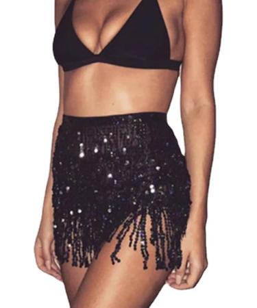 Buy QKEPCY Women's Sequin Fringe Skirt - Metallic Belly Dance Mini Rock for Carnival & Festivals - Stylish Black Quasten Design - Buy Online on GoSupps.com