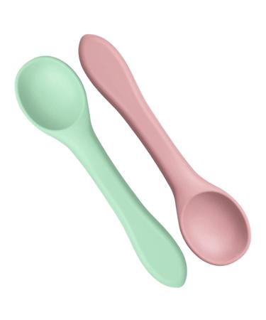 2Pcs Baby Spoons Weaning Spoons Silicone Feeding Training Toddler Spoon Toddler Cutlery Spoon Set for Feeding(Morandi Pink/Morandi Green)