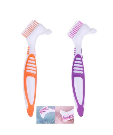 Lacymc 2 pieces of toothbrushes prostheses premium bite cleaning brush set multi-layer bristles and esrgonomic rubber racks (Orange+Lila)