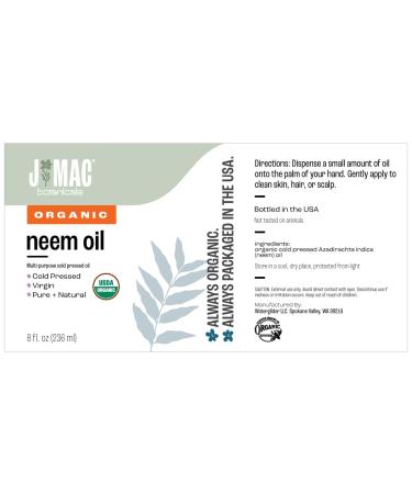 J MAC BOTANICALS Organic Neem Oil for Skin (8 oz Glass Bottle NO Dropper) 100% Organic Undiluted Cold Pressed Neem Oil 8 Fl Oz (Pack of 1) - Buy Online on GoSupps.com