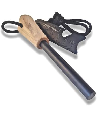 uberleben Zunden Fire Starter - Traditional Ferro Rod, Handcrafted Wood Handle - 5/16", 3/8", & 1/2" Thick Fire Steel - 12,000-20,000 Strikes - Survival Igniter with Neck Lanyard & Multi-Tool Striker