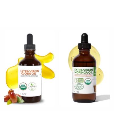 Organic Moringa & Jojoba Oil Bundle 100% Pure Cold Pressed Extra Virgin Food Grade Oils for Face Hair & Body Deep Moisturizing Anti-Aging & Nourishing Skin Care Duo (2 x 4oz Bottles)