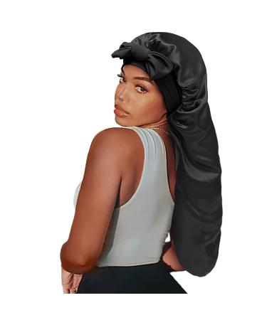 Satin Silk Bonnet Hair Cap - Jumbo Size Long Bonnet for Women - Adjustable Straps - Comfortable Sleep Cap for Long Braid & Curly Hair - No Slip-Off Design (Black) - Buy Online on GoSupps.com