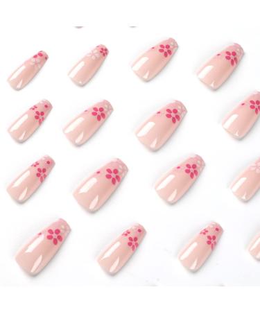 24PCS Pink Flower Press on Nails - Medium Square Glossy False Nails with Glue for Women - Spring Nail Decoration with Cute Flowers Design - Buy Online on GoSupps.com