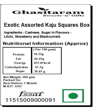 Ghasitaram Gifts Indian Sweets - Sweets Exotic Assorted Kaju Squares Box -300gms - Buy Online on GoSupps.com