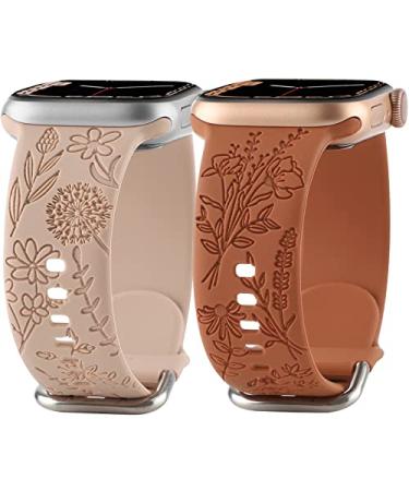 Flower Engraved Silicone Band Compatible with Apple Watch Bands 38mm 40mm 41mm, Cute Women Wildflowers Floral Design Soft Sport Strap Replacement Wristbands for iWatch Series 8 7/SE/6/5/4/3/2/1 38/40/41mm Walnut Brown Brown