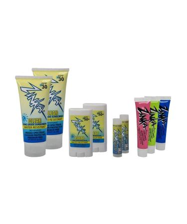 Zinka Sunny Days Family Pack - SPF 30/50 - UVA & UVB Sunscreen Protection for Face Body Lips - Water Resistant Oil Free No Parabens - (3) Nosecoats (2) Lotions (2) Face Sticks (2) Lip Balms Neon Green-Blue-Pink